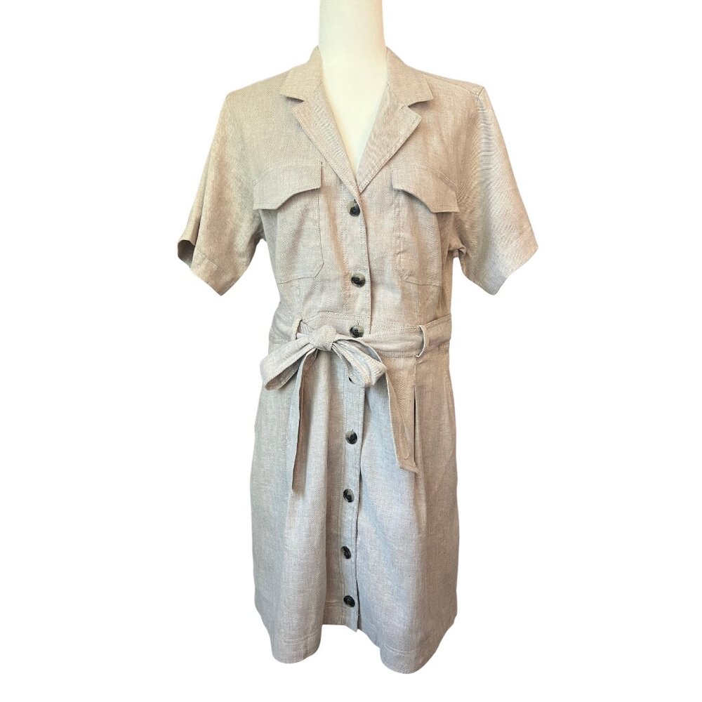 Banana‎ Republic Linen Blend Belted Shirt Dress Khaki Beige Button Front Size 12
